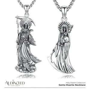 Audinceed Santa Muerte Holy Death's Necklace, S925 Sterling Silver Luxury Plata 925 La Santa Muerte Reaper Holy Death Plata Collar Silver Necklace Pendant Blessed Protection Jewelry Amulet Gift For Men Women