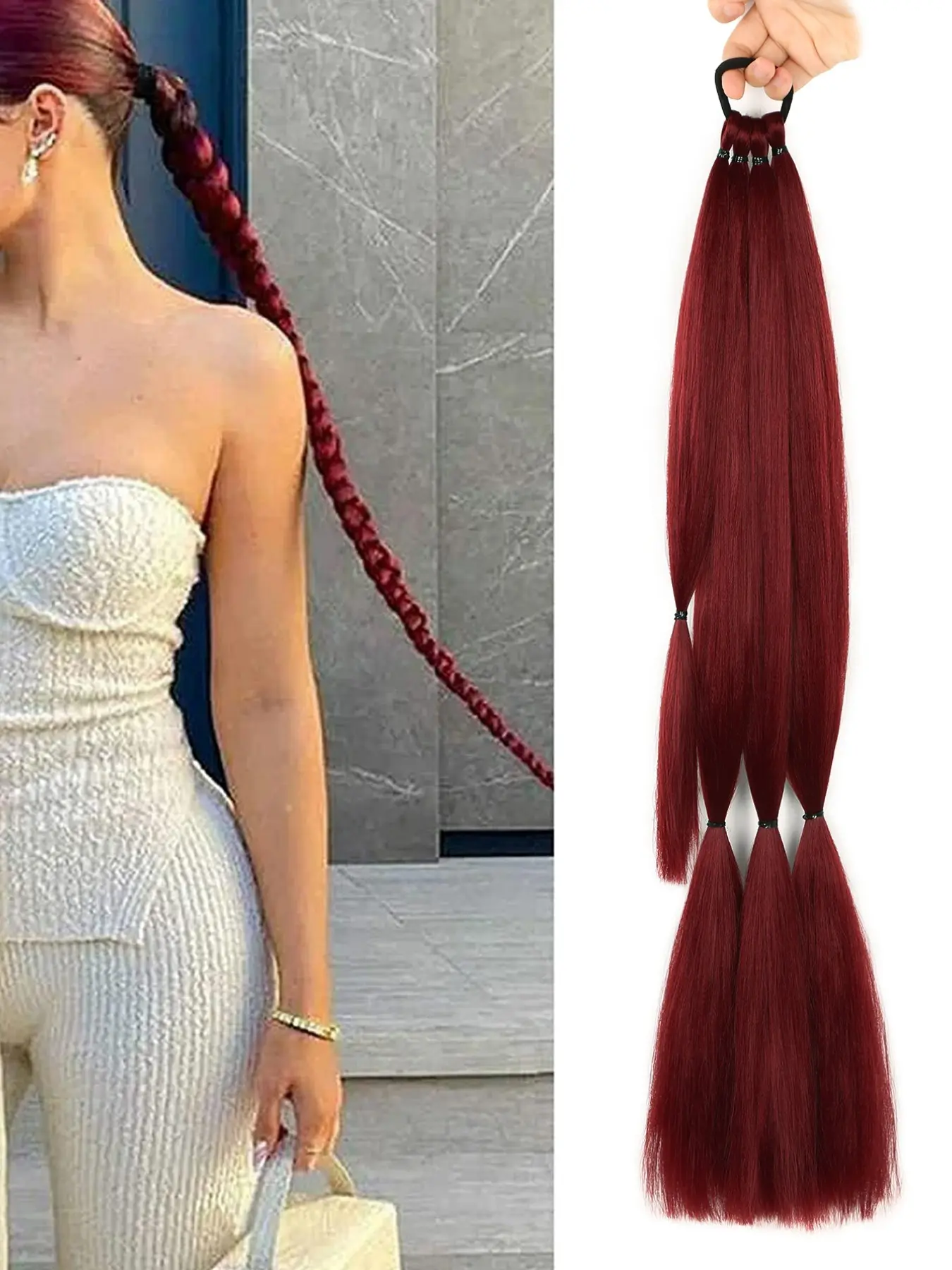 Long Braided Ponytail Extension with Scrunchie, Brown & Burgundy Options, 26"/30"/34", Wrap-Around Straight Hair, Easy to Wear, Natural Soft Synthetic Hair for Women, Perfect for Christmas, New Year, Carnival, Music Festivals.
