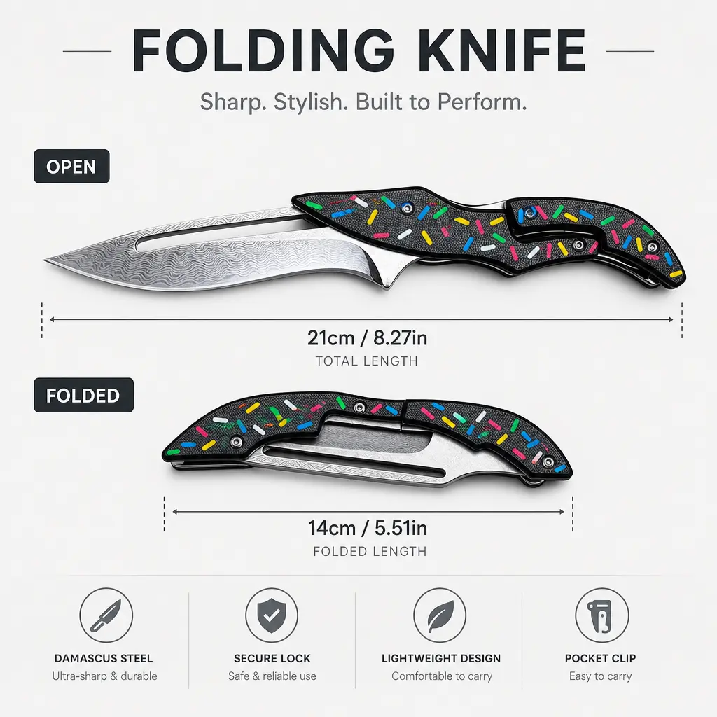 Damascus Blade Folding Karambit Knife, Pink & Black Donut Sprinkles Design EDC Tool, Unique Birthday Gift for Camping Lovers & Knife Collectors