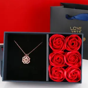 Four Leaf Clover Heart Necklace with 6 Eternal Roses Female Anniversary
