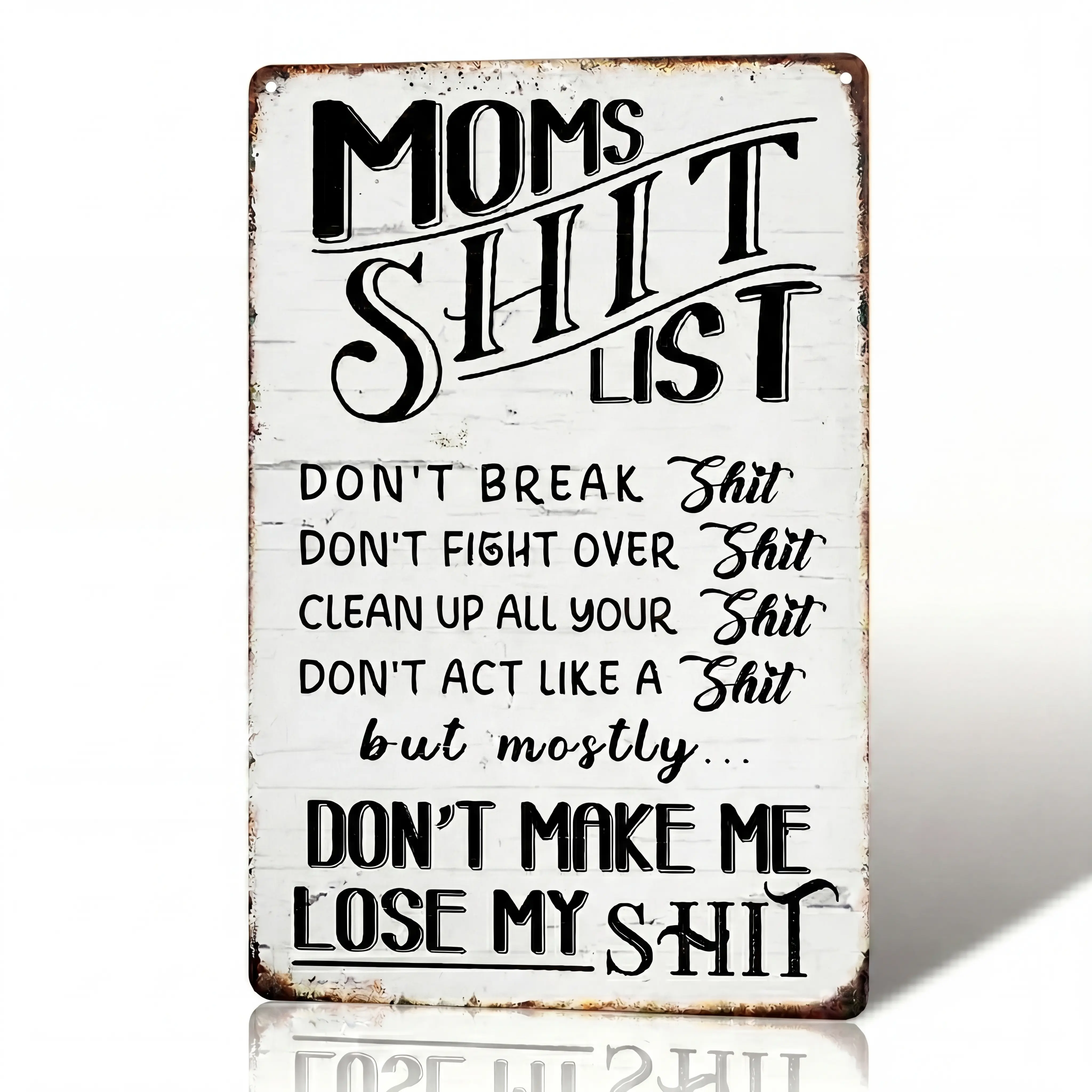 Funny Mom Sign, Mom's Shit List Metal Tin Sign, Funny Kitchen Wall Decor, Rustic Farmhouse Door Plaque, Humorous Home Decor Gift for Mom
