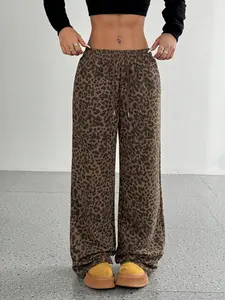 YYTK2025DEC028 Women's Y2k Leopard Print Pants Drawstring Waist Wide Leg Loose Trousers, Casual Streetwear Trousers, Spring & Fall Women's Wide Leg Pants, Loose Fit Slimming Drag-Length Outdoor Sports Casual Long Pants, Comfortable and Stylish