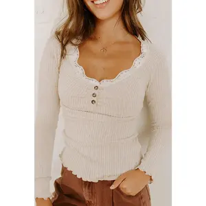 Beige Lace Neckline Button Decor Lettuce Edge Long Sleeve Ribbed Top