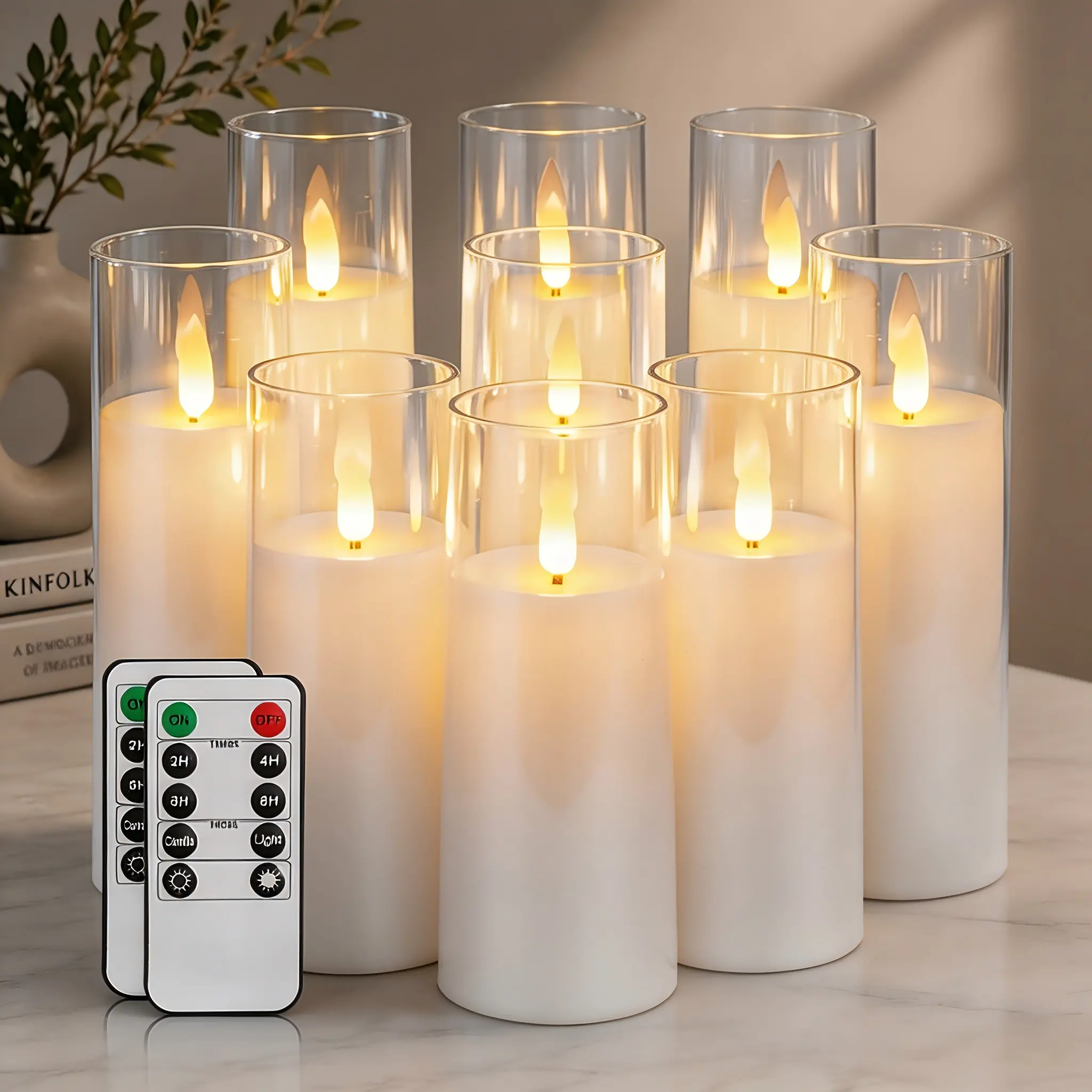 【Set of 9】Pure White Acrylic Flameless LED Candles, Battery Operated With Remote Control and Timer, Electric Fake Candles for Wedding, Home Decor, D2.2 xH 5" 6" 7",dorm essentials,home essentials,camping essentials