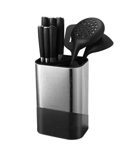 Universal Knife Block, 2-in-1 Stainless Steel Kitchen Knife & Utensil Holder for Countertop, Fingerprint Resistant Silver (without Knives)