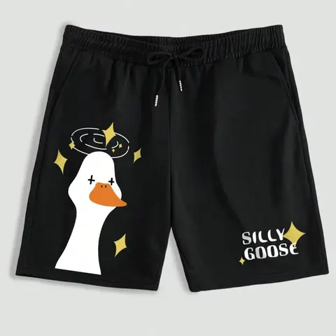 Men's Cartoon Goose & Letter Print Drawstring Sleep Shorts, Regular Fit Casual Comfy Elastic Waist Pocket Bottoms for Daily Wear, Sleepwear Loungewear for All Seasons Shorts Nightwear
