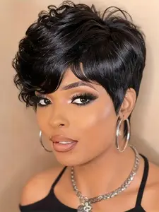 Elegant Pixie Cut Human Hair Wig for Women, Short Straight Style with Bangs, Machine-Made Rose Net Cap, Glueless Ready to Wear Wig, Ideal for Casual Wear and Costume Parties