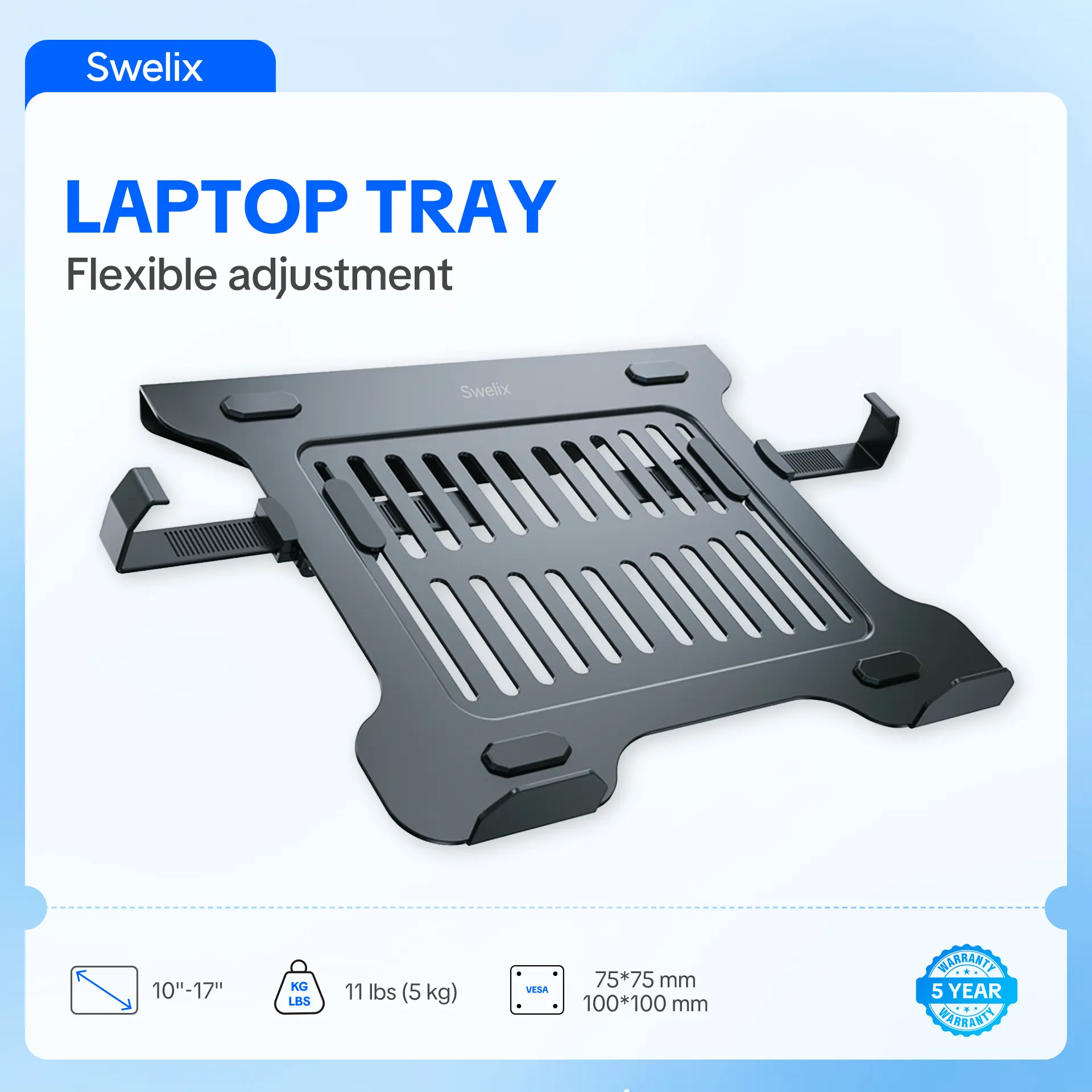 SWELIX Turn Any Monitor Arm into a Laptop Stand! Universal VESA Laptop Tray — Adjustable 10-17" Laptops, 11lbs Capacity, 100x100mm Mount, Flexible Width to 18.9",Lightweight & Sturdy