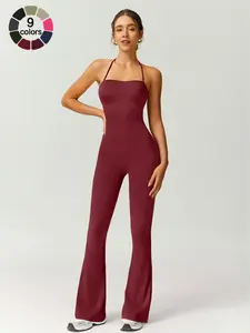 Women's Solid Color Flare Leg Sports Jumpsuit, Casual Comfy Breathable Jumpsuit for Yoga Gym Workout, Ladies Sportswear for Summer