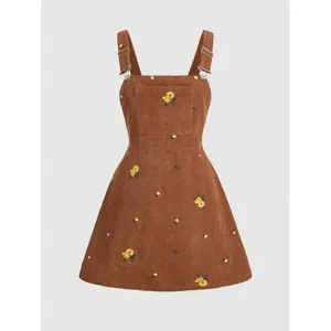 Plus Size Vintage Corduroy Embroidered Floral Pinafore Dress, Summer