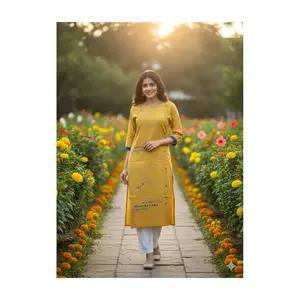 K-5087  Embroidered Straight Kurti (Kurthi) – 3/4 Sleeves