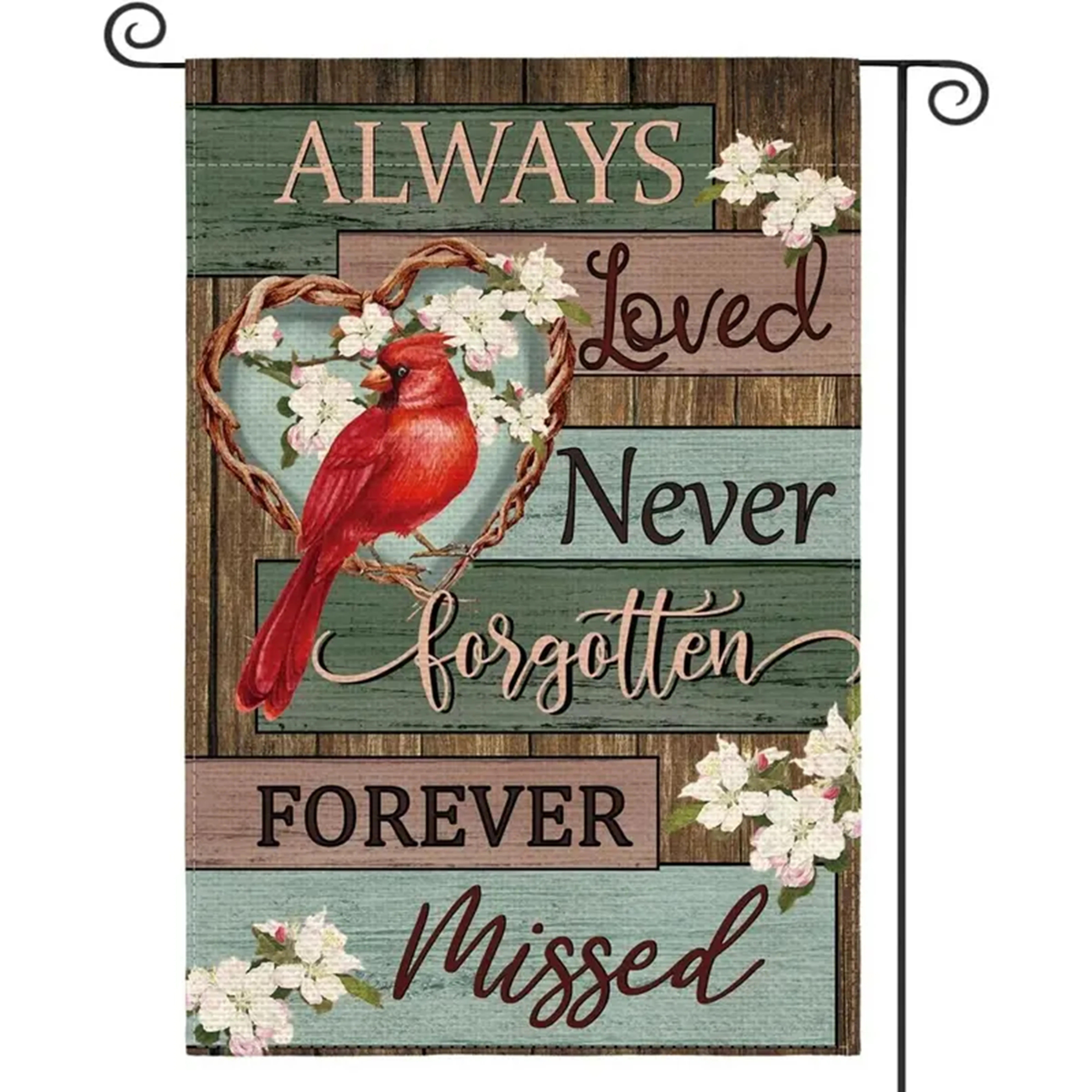 Cardinal Memorial Garden Flag 12x18in, Double-Sided “Always Loved, Never Forgotten, Forever Missed” Sympathy Yard Decor, Red Bird Remembrance Banner for Patio Porch