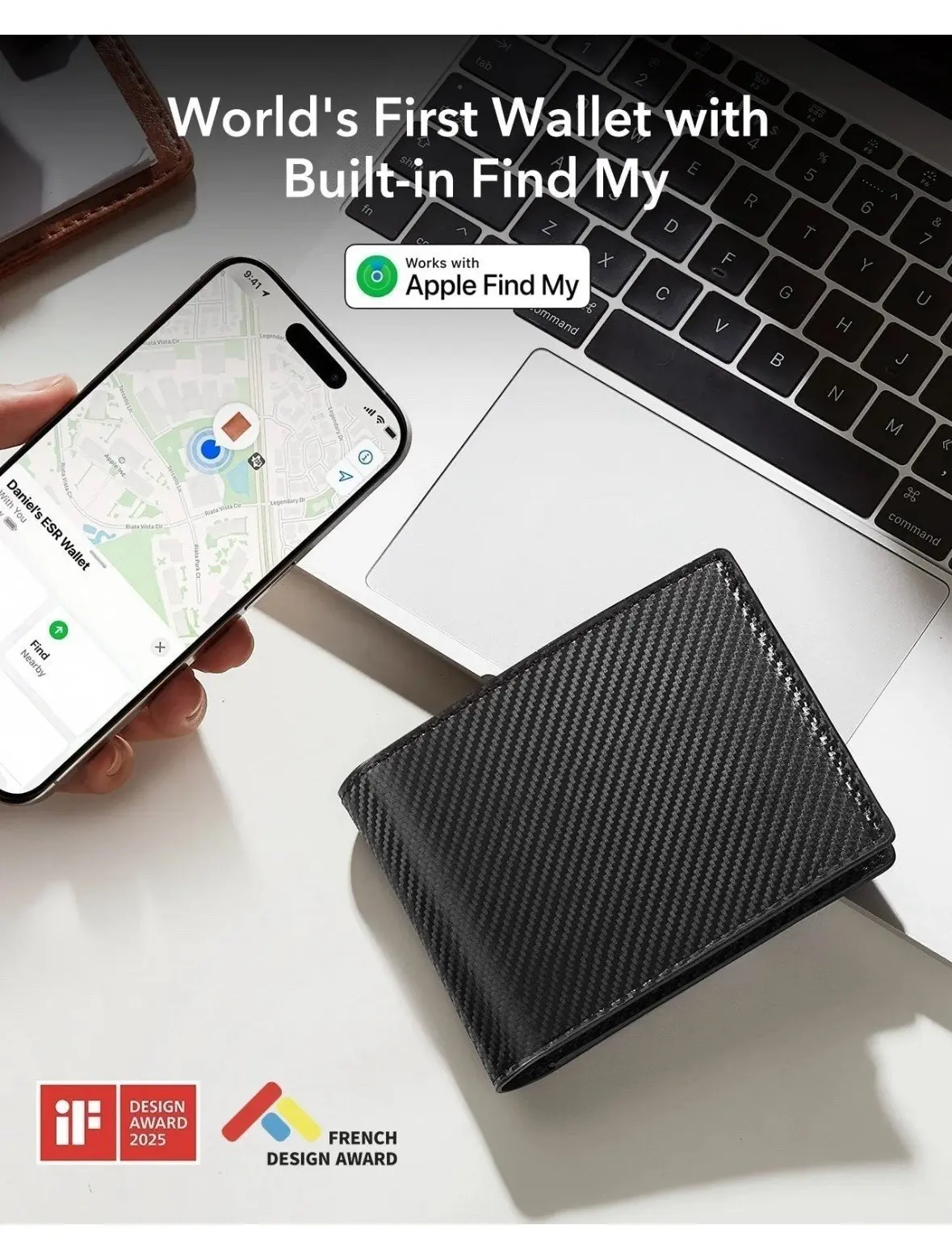 ESR Geo Men's RFID Blocking Leather Wallet with Find My Tracker, Card Carrying Holder, Card Slots, GPS Functionality, Card Slot