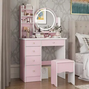 FUFU&GAGA Makeup Vanity Desk with Round Mirror | 5-Drawer Storage, Shelves & Cushioned Stool | Bedroom Dressing Table Set with Crystal Accents [LIVE] Decorative Crafts Photos