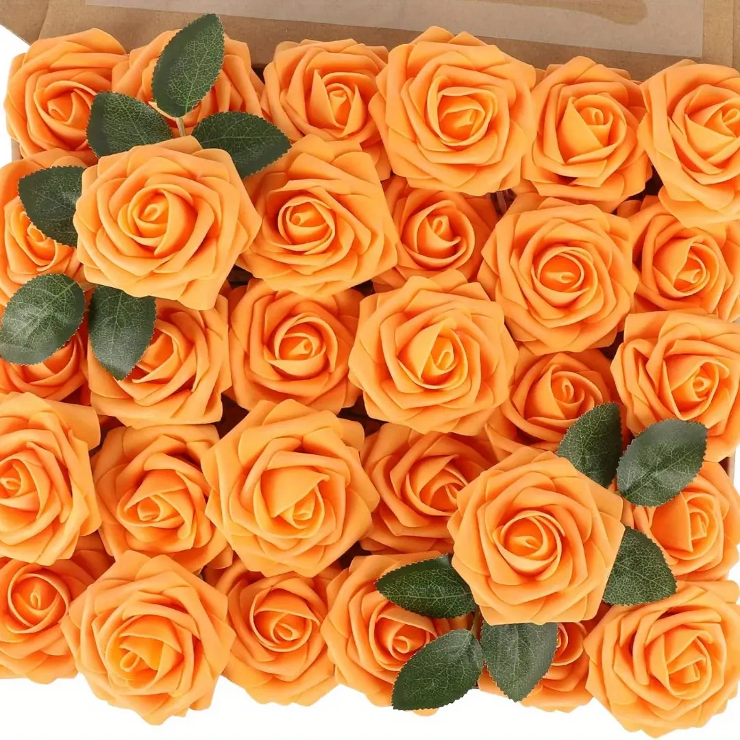 50PCS Real-Touch Orange Foam Roses with Flexible Stems, 50pcs orange rose for Wedding Décor, Floral Arrangement Centerpiece, Home Autumn Thanksgiving Decorations