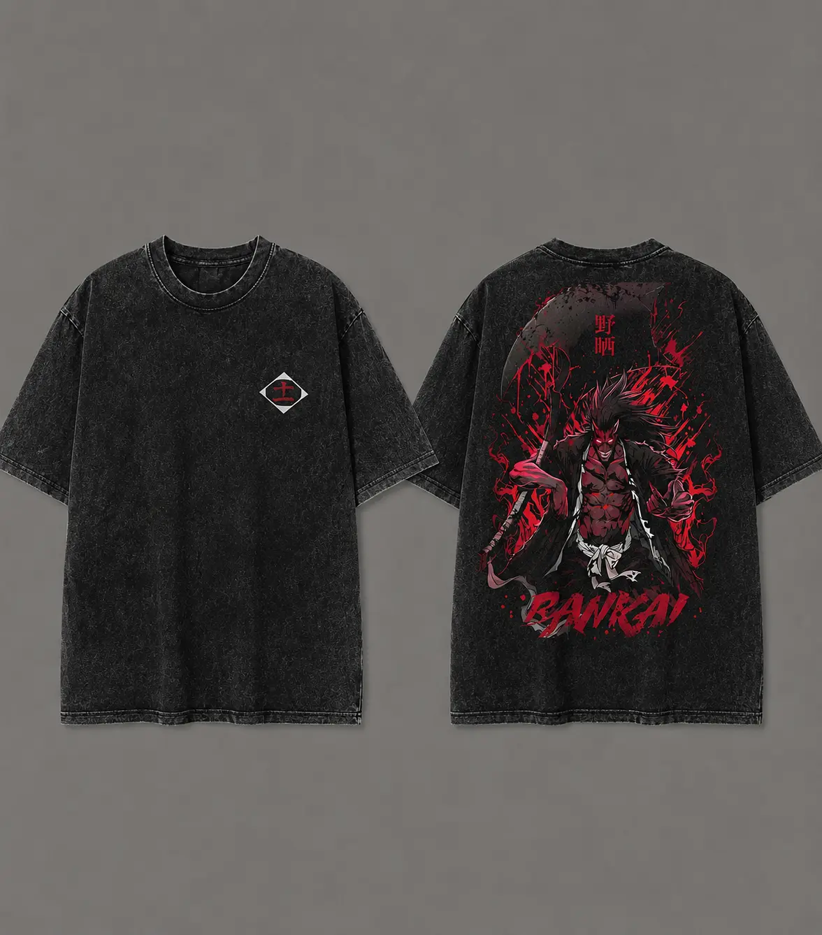 **Kenpachi Vintage Washed Graphic T-Shirt, Warrior Back Print Streetwear Tee**