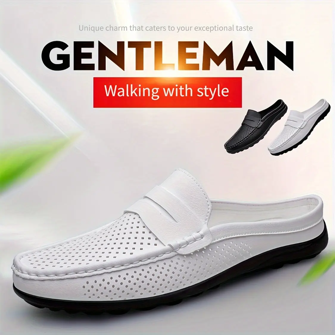 Summer Men'S Solid-Color Loafers: Breathable Perforated Comfort, Half-Cage Hollow-Out in Large Sizes, Long-Lasting Rubber Soles, Slip-On for Easy Outings