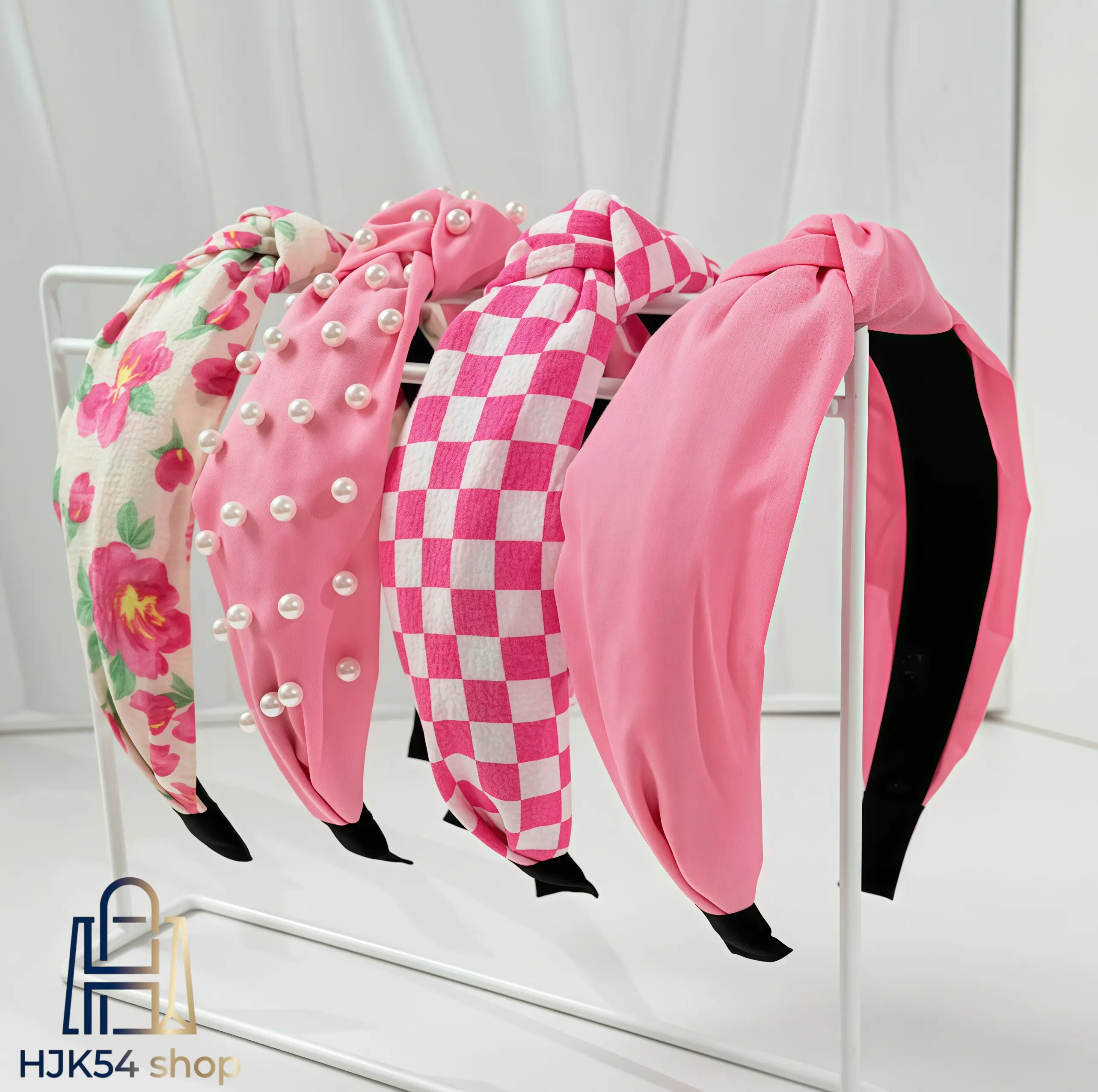 Women's 4PCS Glamorous Bow and Pearl Accents Headbands Set, Floral & Plaid Jeweled Top Knot Hair Accessories, Lightweight Non-Slip for Fashion Lovers & Accessorizing Hair, Women And Girls, Checkered Embellishment, Plaid&Floral, Cute, Female, Girls/Women