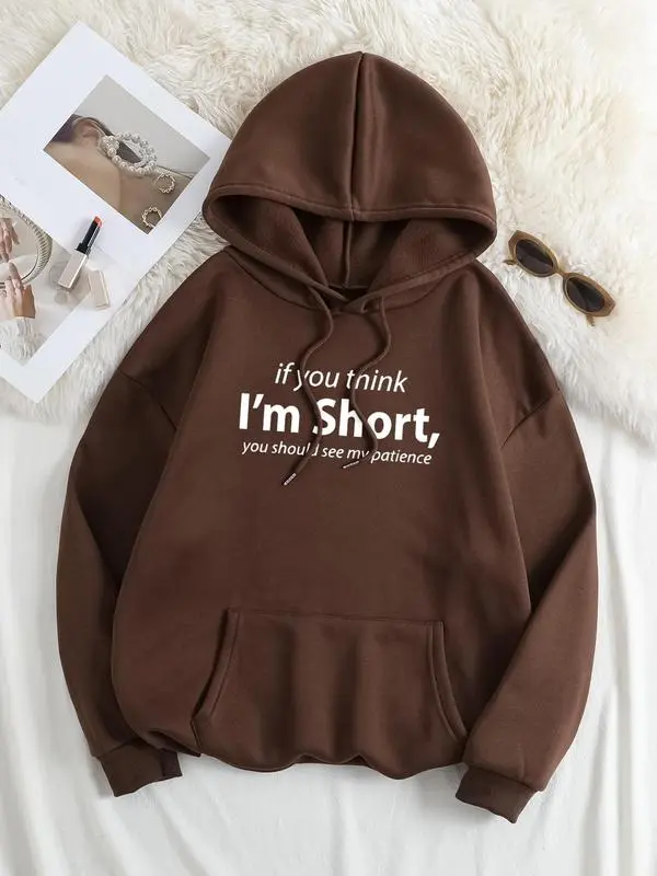 Plus Size Letter Print Drop Shoulder Hoodie, Fashion Casual Drawstring Pocket Hooded Sweatshirt for Daily Holiday Outdoor Wear, Women Plus Clothing for Fall & Winter