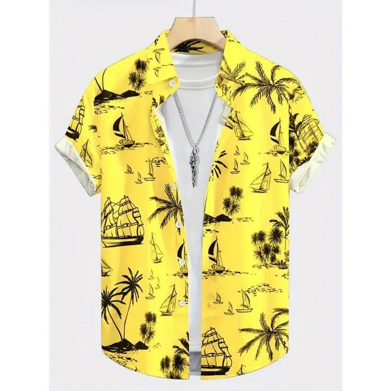 Summer Men's Shirt Coconut Tree 3D Print Casual Short-Sleeve Polo Shirt Beach Casual Hawaiian Shirt