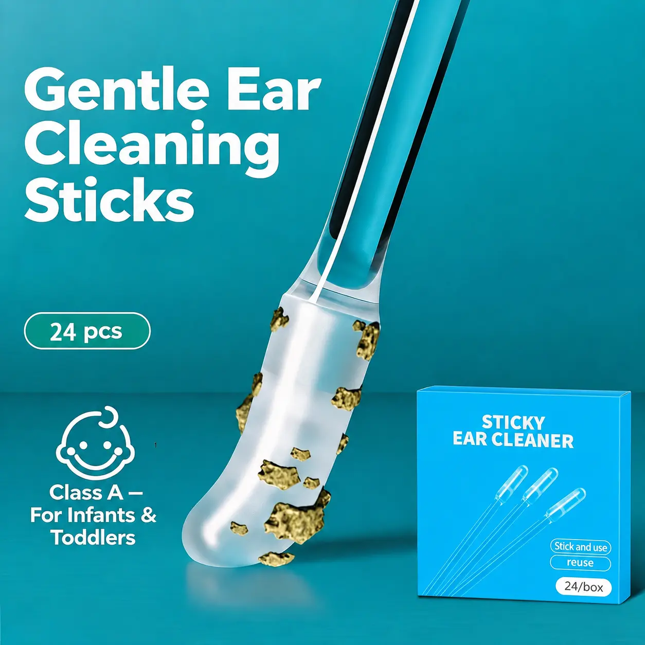 Sticky Ear Cleaning Stick for Adults, Reusable Sticky Ear Cleaner Picks, Removal Adhesive Swabs Gentle Soft Ear Scoop Remover Tool with Dust Cover Packaging (1 Set/24 PCS)