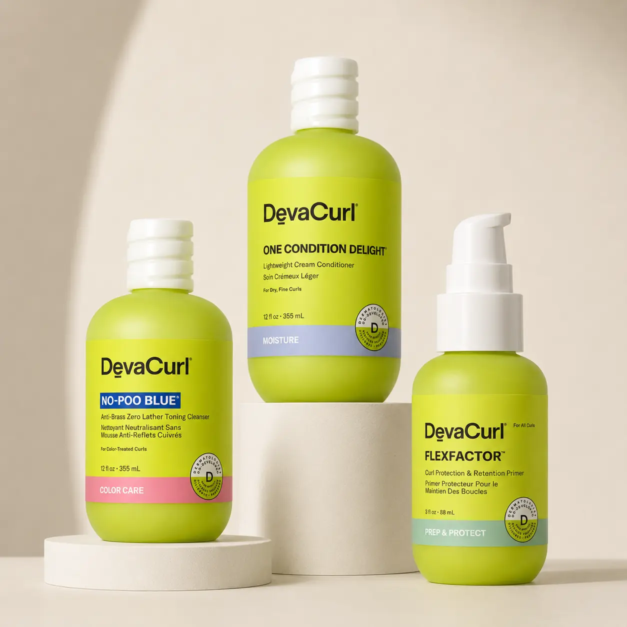 DevaCurl Set  Of Three- 1 X No-Poo Blue Zero Lather Toning Cleanser 12 fl oz, 1 X One Condition Delight Conditioner 12 fl oz , 1 X Flexfactor Curl Protection & Retention 8 fl oz