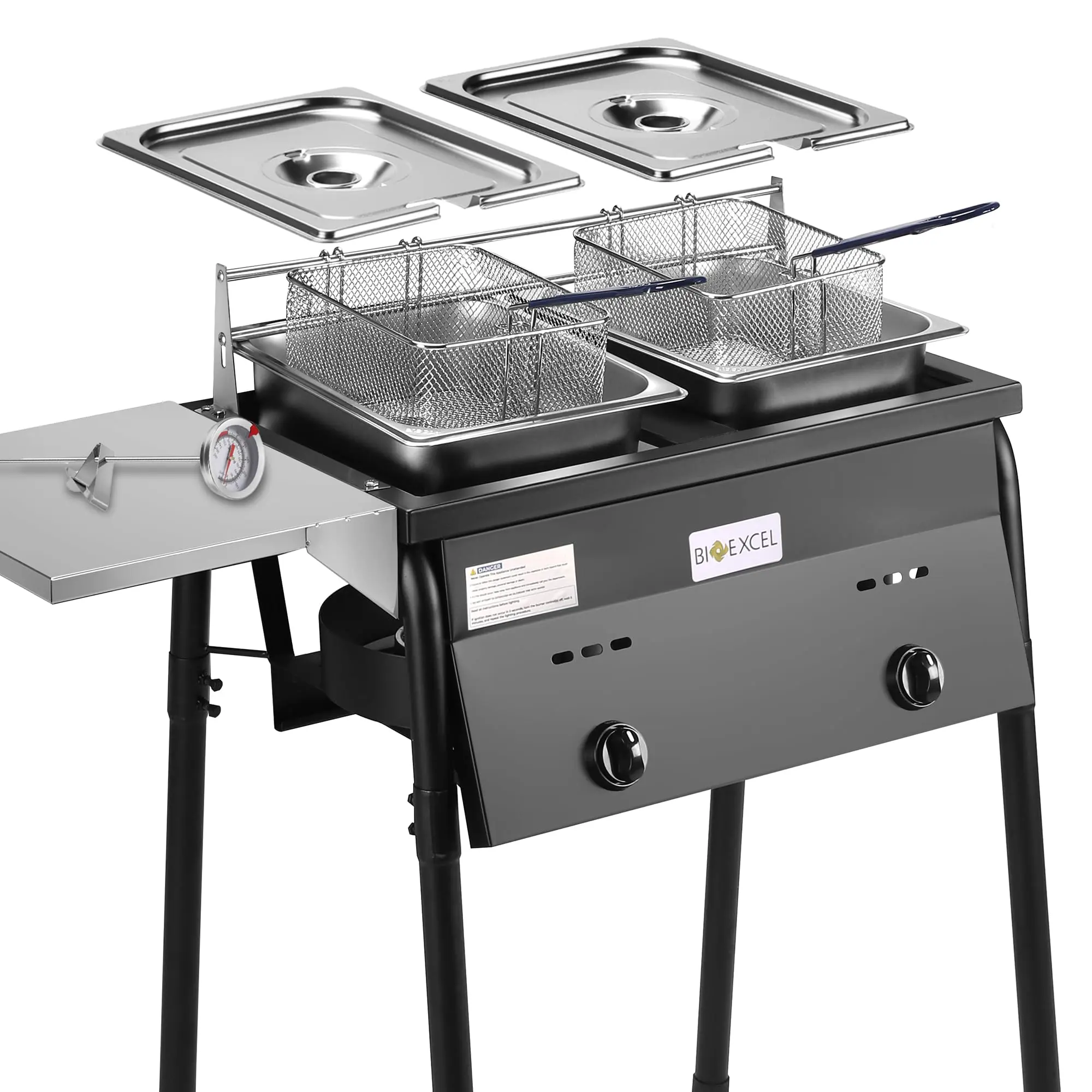 Bioexcel Taco Cart 2-Tank Outdoor Propane Deep Fryer, Compatible with Propane Gas Tanks, Regulating Nobs,2 Stainless steel Baskets & Steel Oil Tank
