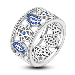 NARMO Blue Evil Eye Hamsa Ring - S925 Plated Silver Cubic Zirconia Blue Talisman Classic Band Religious Symbol Jewelry for Protection, Fashion, Cubic Zirconia Rings, Blue Talisman Rings