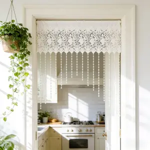 1PC French White Hollowed Floral Sheer Short Curtains Luxury Kitchen Swag Valance with Beads Victorian Curtain Topper for Arched Door Cafe Wedding Valentine's Decor Rod Pocket