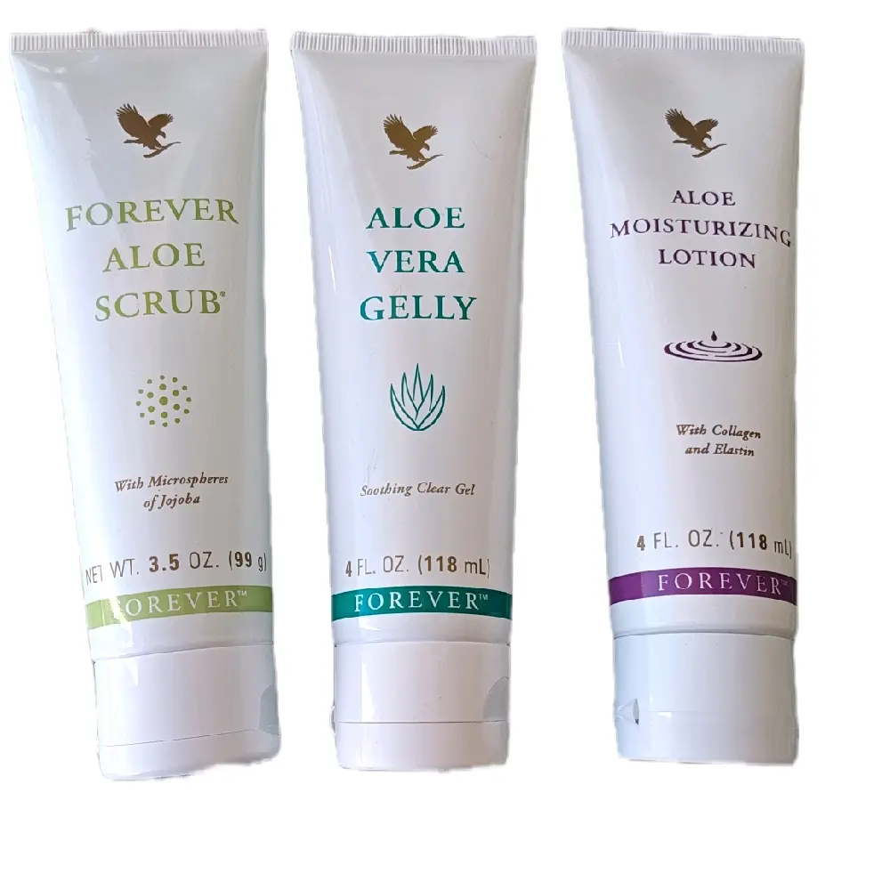 Forever Trio Aloe Moisturizer Lotion Aloe Vera Gelly & Forever Aloe Scrub Skin Care Routine with Collagen Elastin & Microspheres of Jojoba Moisturizing Hydrating Moisture Hydrate