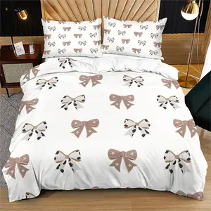 Milk tea color cow pattern bow print bedding, quilt cover and pillowcase combination, gentle retro bedroom decoration, Soft Bedding Sets