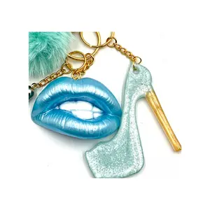 Glam Luxe Charm Keychain Celeste Ice Light Blue Faux Fur Pom Bag & Purse Accessory with Lip & Heel Charms for Fashion Lovers