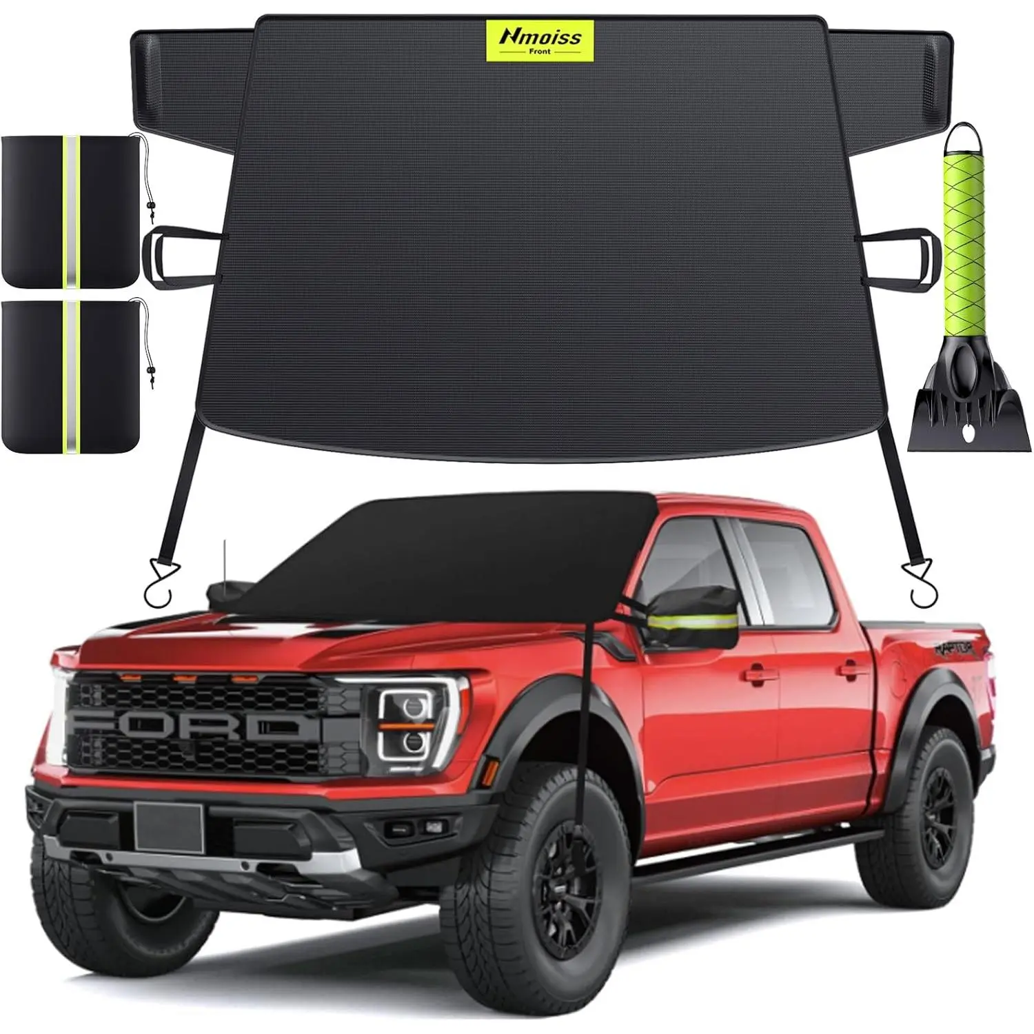 Large Full-Size Truck Windshield Frost Guard - 80*80inch X-Large Heavy-Duty 600D Oxford Vinyl Fabric, 360° Windproof, Dual Mirror Straps, Waterproof, Winter-Safety, Easy to Store, Ice Scraper Included, For Ford F-150, RAM 1500