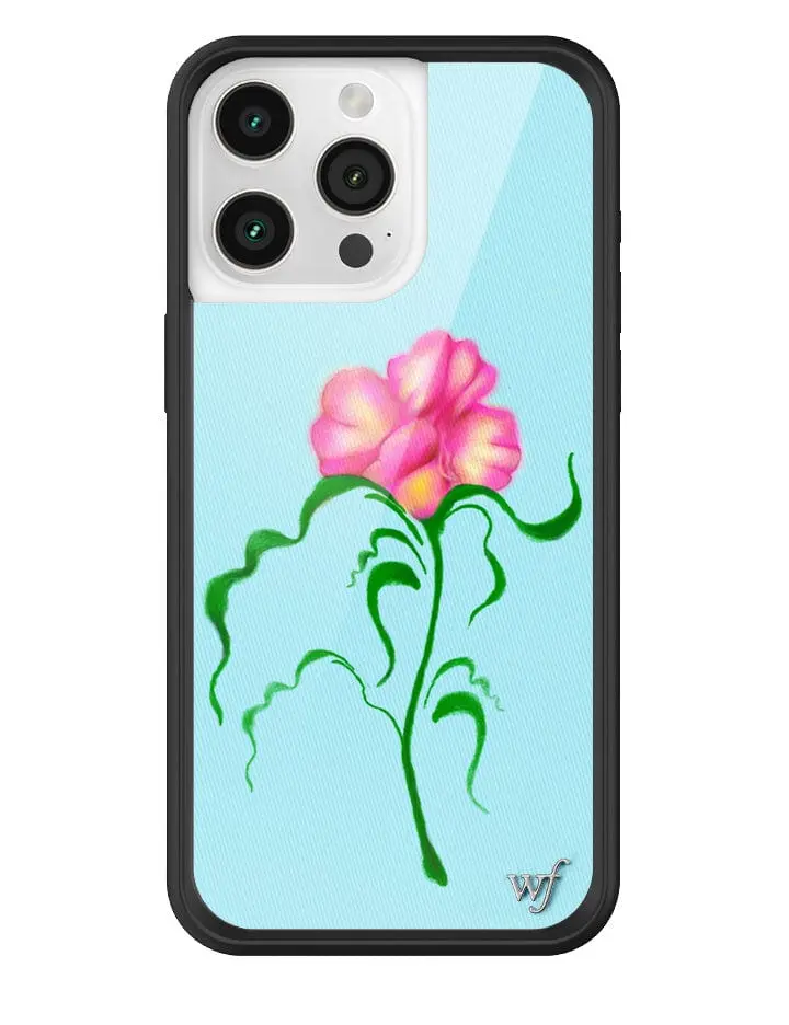 Dancing Flower | Limited Edition Trendy iPhone Case | Raised Protective Black Bumper | Women Owned Small Business | Vibrant Blue Background Dancing Green Leaves Pretty Pink Flower | Safety Casing Protective | Gift for Her