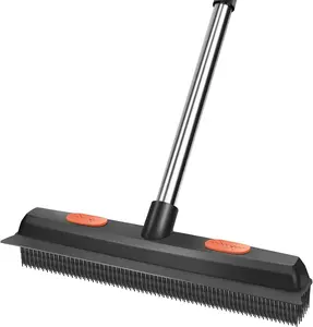 Pet Rubber Broom with 49inch Long Handle, Portable Detailing Lint Remover, Soft Push Broom for Fluff Carpet, Hardwood, Tile, Window (Black)