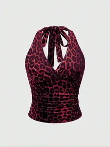 Women's Leopard Print Tie Shoulder Cami Top, Casual Fitted Sleeveless Top for Summer, Ladies Clothes for Daily Wear