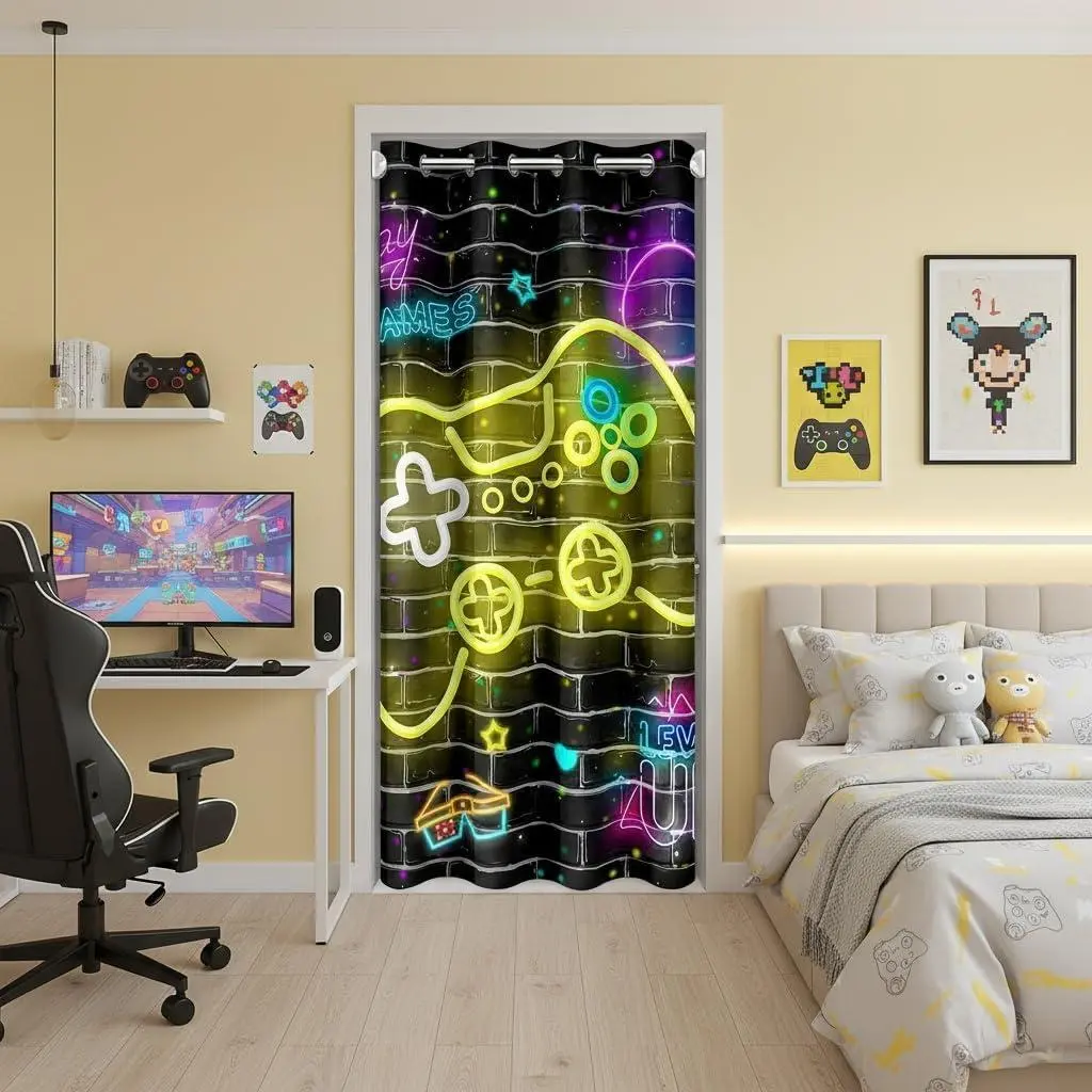 Gamepad Door Curtain Adults,Gamepad Controller Watercolor Neon Print Room Divider Curtain Cover Privacy,Video Games Lover Men Doorway Curtain 1 Panel