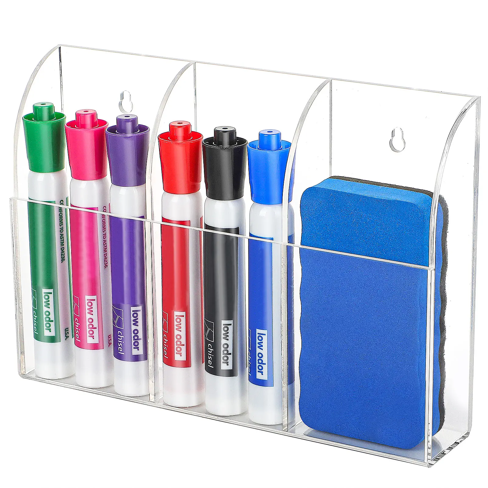MaxGear Wall Marker Holder & Remote Control Organizer – Clear Acrylic 3-Compartment Dry Erase Board Marker & Pen Holder for Wall Mount, Includes Adhesive & Screws for Home/Office/Classroom
