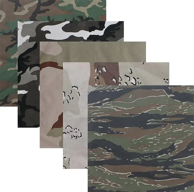 Unisex 5-Pack Jumbo Camouflage Bandana Scarf, 27x27in Cotton Military Headscarf Headwraps, Breathable Outdoor Accessory for Hunting Teams, Hand Washable Turban