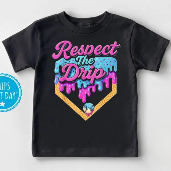 Youth and Adult Baseball Drip Boys Home Plate Ice Cream Respect The Drip T-Shirt, back to school outfit, youth Casual Wear, Gift For Son And Daughter, Toddler graphic tees, hoilday shirt, youth clothing, Ice Cream baseball Drip lover