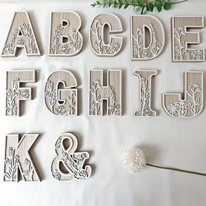 Wooden Alphabet Letters Wall Decor Set, Engraved Floral Pattern, Home Craft Ornaments, Elegant Display for Living Room