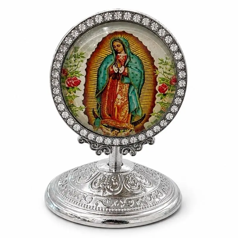 2.5 inch Virgen De Guadalupe Car Dashboard Mini Figure 2.5" Protection Estatua Tablero De Carro with Gold Base and Rhinestone Trim Decor Religious Ornaments
