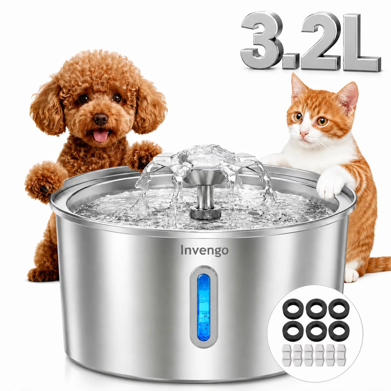Cat Water Fountain, Stainless Steel Pet Water Fountain for Cats And Dogs, Filters&Ultra-Quiet Pump, 3.2L/108oz Automatic Pet Dispenser Water Bowl, Multiple Pets Water Fountain 5-layer filtration system feeder drinking supply, accessories,cat stuff,product