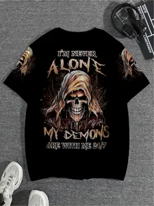 A men's casual round-neck T-shirt, Casual Style Graphic, Menswear, made of 100% polyester fabric, featuring 3D skull pattern, with a street fashion style, Streetwear, short-sleeved design, summer style, knitted fabric, regular fit.