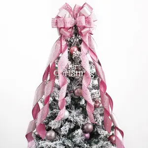 Pink Glitter Christmas Tree Topper - 12" Wide Velvet Bow for Christmas Tree (1 Pack)