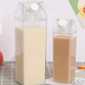 500ML/1000ML Milk Carton Reusable Water Bottle Plastic Square Milk Coffee Juice Tea Cup Drinkware Transparent Milk Storage with Lid for Outdoor Sports Camping Gym Portable