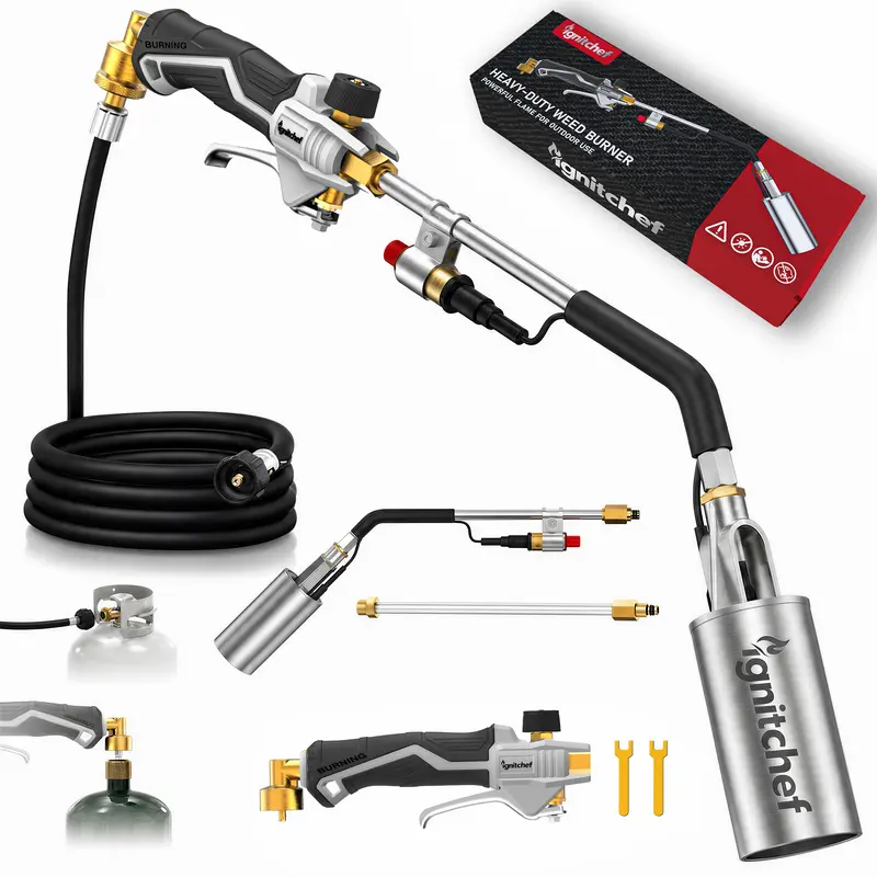 High Power Propane Weed Torch - 340000BTU Heavy Duty Self-Ignite Start Blow Torch with 2 Modes Extension, 12.5FT Hose, Dual Fuel Compatibility (1lb–100lb Fuel), High Efficiency for Weeding, Roofing