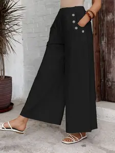 Women's Comfortable Loose-Fit Casual Pants, Spring Summer Fall Fashion, Pure Color Wide-Leg Design, New Arrival Plus Size Pocket Bottoms