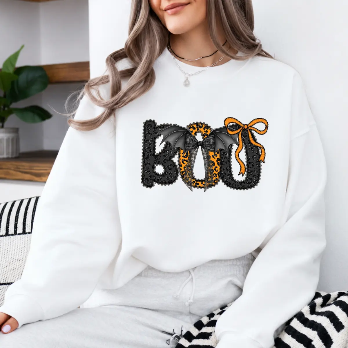 Boo Bat Bow Halloween T-Shirt and Sweatshirt, Leopard Print Gothic Graphic Tee, Orange Black Spooky Season Shirt, Cute Halloween Gift for Women - JACKSON HOAI STORE