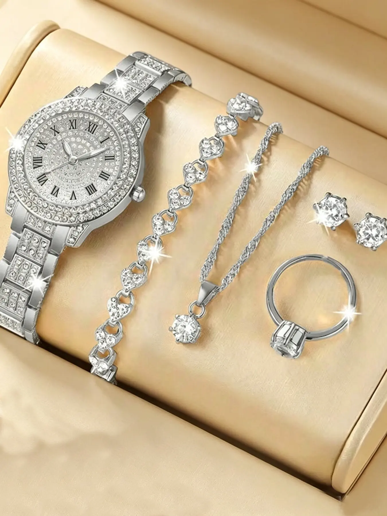6pcs Luxury Women's Quartz Watch & Jewelry Set (Includes 1 Silver Metal Band Roman Numeral Dial Quartz Watch With Full Crystal Stones, 1 Heart-Shaped Crystal Bracelet, 1 Single Crystal Pendant Necklace, 1 Single Crystal Ring, And 1 Single Crystal Earring)